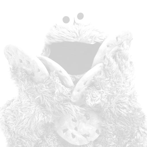 A blue puppet holding cookies

Description automatically generated